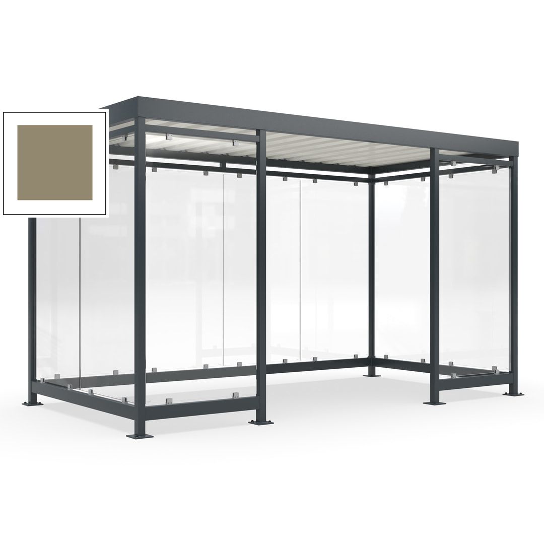 Fahrgastunterstand, Raucherunterstand, fertig montiert, Aufdübeln, 12-13 Personen, 2.510 x 4.195 x 2.165 mm (HxBxT), 10 Wände, Achatgrau