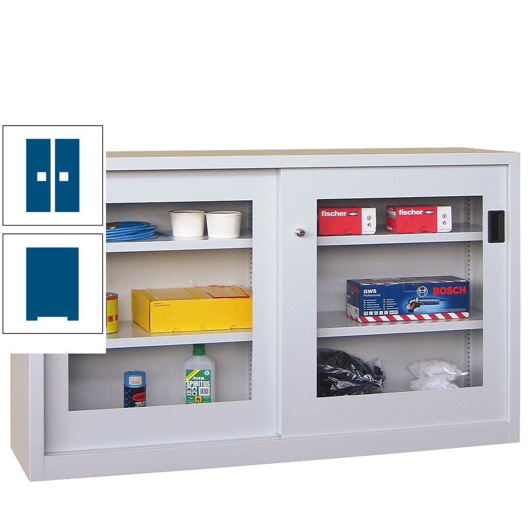 Schiebetürenschrank - Sichtfenstertüren - 1.000x1.500x600 mm (HxBxT) - 4 Böden, verzinkt - Zylinderschloss - anthrazitgrau
