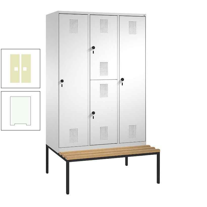 Garderobenschrank, Spind ein- und doppelstöckig Sitzbank, 3 Abteile, 4 Fächer, 2.090x1.200x500 mm (HxBxT), Front anthrazitgrau, Korpus anthrazitgrau