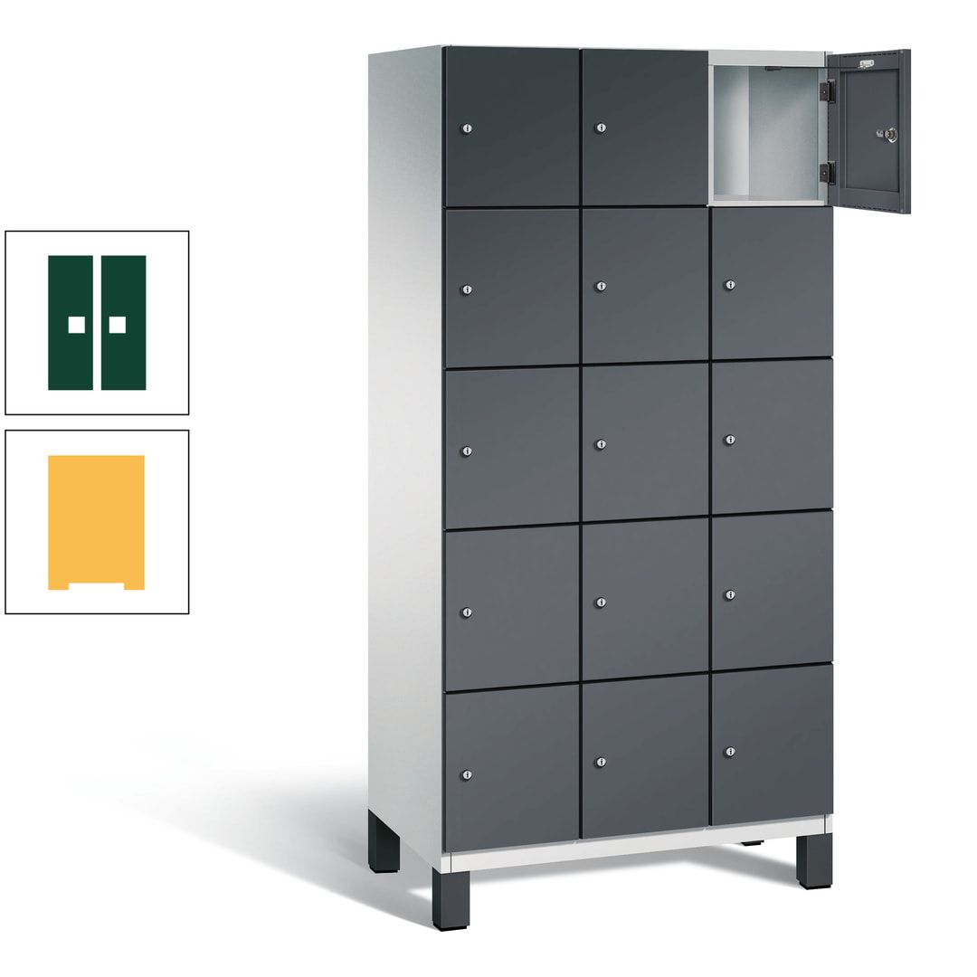 Fächerschrank, Stahlschrank, 15 Fächer, Türöffnungsbegrenzer, Füße, 1.980 x 900 x 525 mm (HxBxT), Korpus anthrazitgrau, Front anthrazitgrau