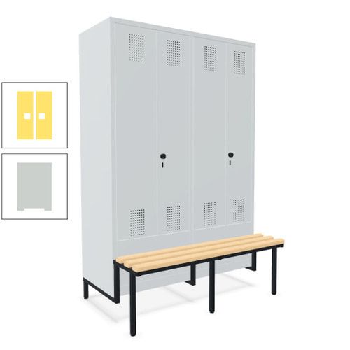 Doppel-Spind, Garderobenschrank, Buche Sitzbank integriert, 4 Abteile 300 mm, Korpus anthrazitgrau, Tür anthrazitgrau, 1.850 x 1.200 x 815 mm (HxBxT)