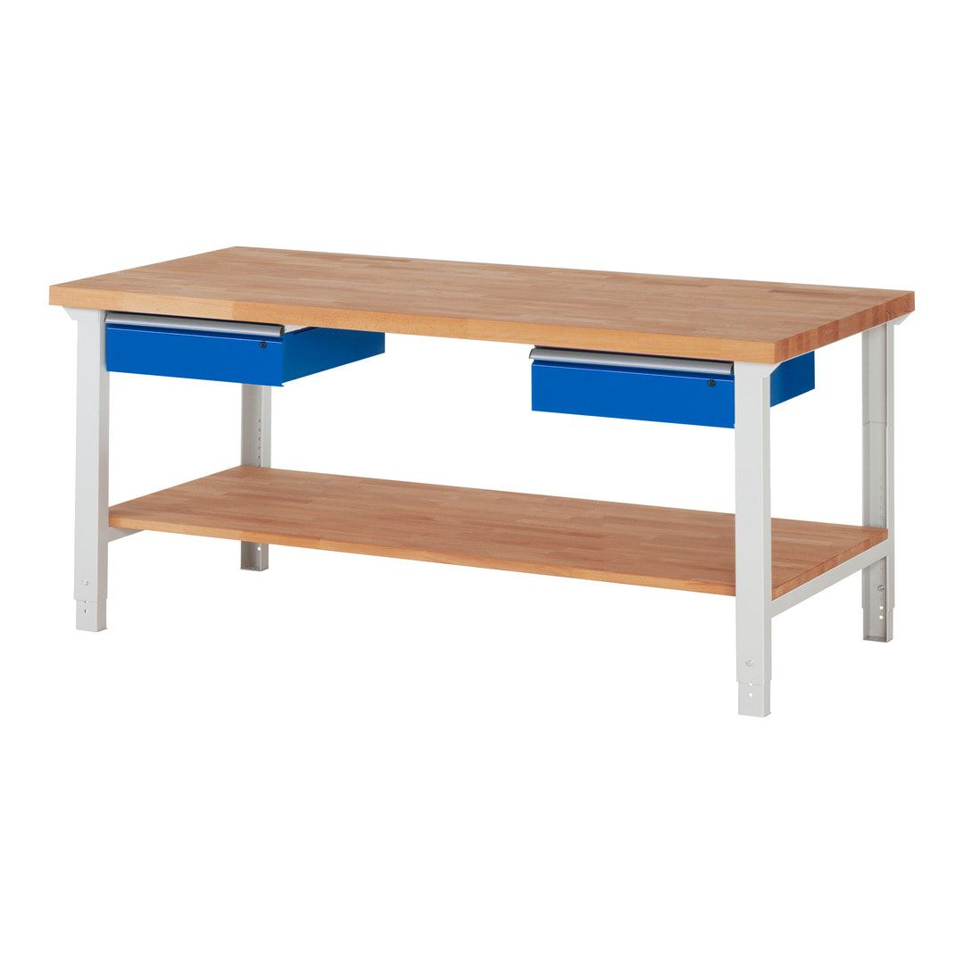 Werkbank mit Ablage - 2 Schubladen - 150:2 - höhenverstellbar 790 - 1.140 mm - 2.000 x 900 mm (BxT) - 750 kg - Buche - Anthrazitgrau