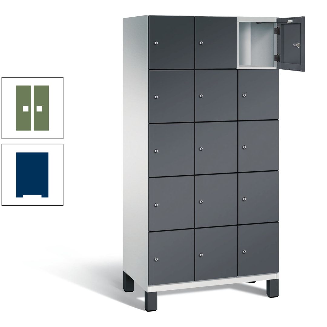 Fächerschrank, Stahlschrank, 15 Fächer, Türöffnungsbegrenzer, Füße, 1.980 x 900 x 525 mm (HxBxT), Korpus anthrazitgrau, Front anthrazitgrau
