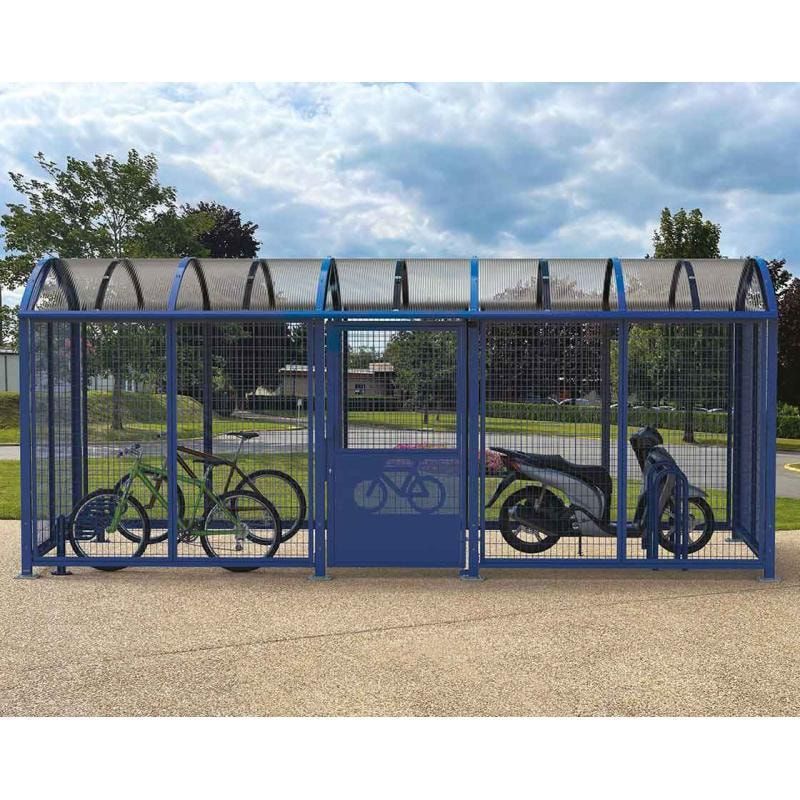 Fahrradüberdachung, Fahrradhaus, Unterstand, Digitalschloss, zentrale Tür, Stahlgitter, 2.640 x 6.250 x 2.830 mm (HxBxT), enzianblau (RAL 5010)