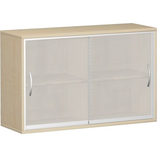 Glas-Schiebetürenschrank, Schiebetürschrank, satiniert, Mittelseite, 2 Böden, 2 Ordnerhöhen, 768 x 1.200 x 425 mm (HxBxT), Korpusfarbe Ahorn