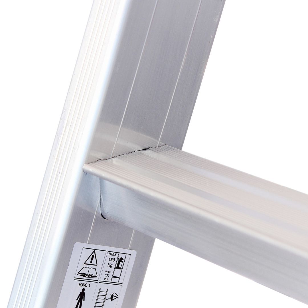 Erweiterbare Plattformleiter - Länge 1.850 mm - Plattform mit Geländer - mit Ablageschale - Aluleiter