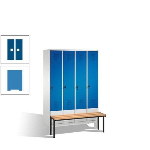 Stahl-Garderobenschrank, Spind, Buche Sitzbank vorgebaut, 4 Abteile a 300 mm, Korpus Lichtgrün, Tür Schwefelgelb, 1.850 x 1.200 x 815 mm (HxBxT)