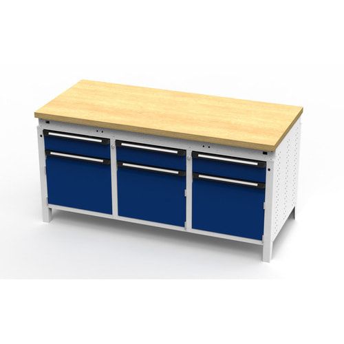 OTTOKIND Werkbank - bündige Arbeitsplatte - 850 x 1.695 x 750 mm (HxBxT) - 3 Schubladen - 3 Schränke - lichtgrau