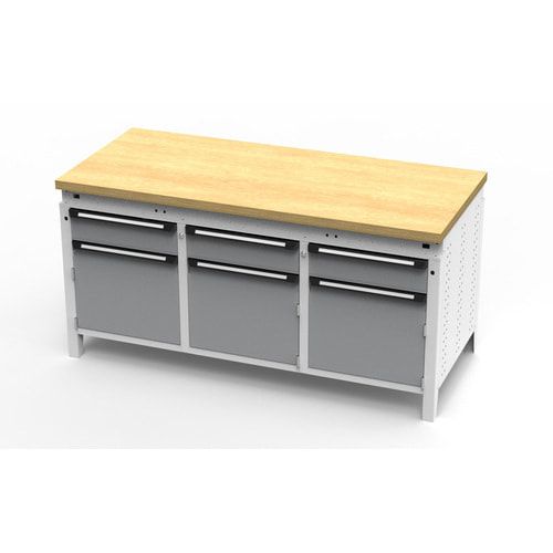 OTTOKIND Werkbank - bündige Arbeitsplatte - 850 x 1.695 x 750 mm (HxBxT) - 3 Schubladen - 3 Schränke - lichtgrau