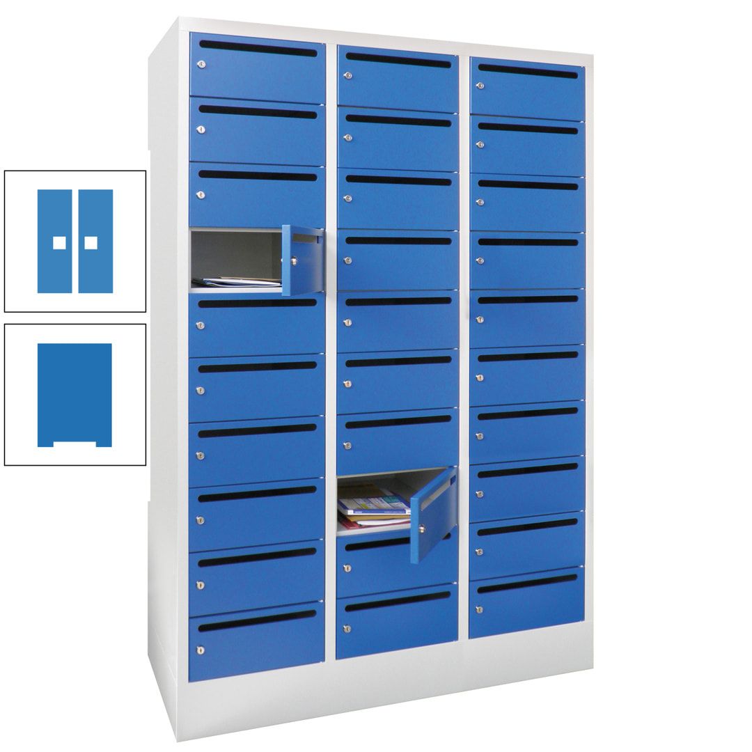 Postverteilerschrank, Schließfachschrank, 3 Abteile a 300 mm, 30 Fächer, 1.850 x 900 x 500 mm (HxBxT), Korpus anthrazitgrau, Front anthrazitgrau