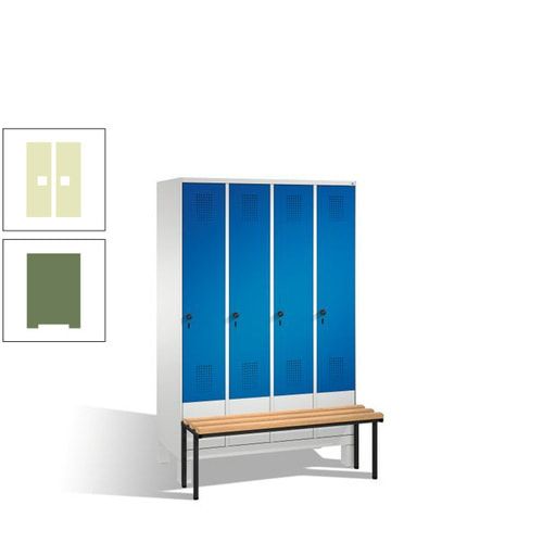 Stahl-Garderobenschrank, Spind, Buche Sitzbank vorgebaut, 4 Abteile a 300 mm, Korpus Lichtgrün, Tür Schwefelgelb, 1.850 x 1.200 x 815 mm (HxBxT)