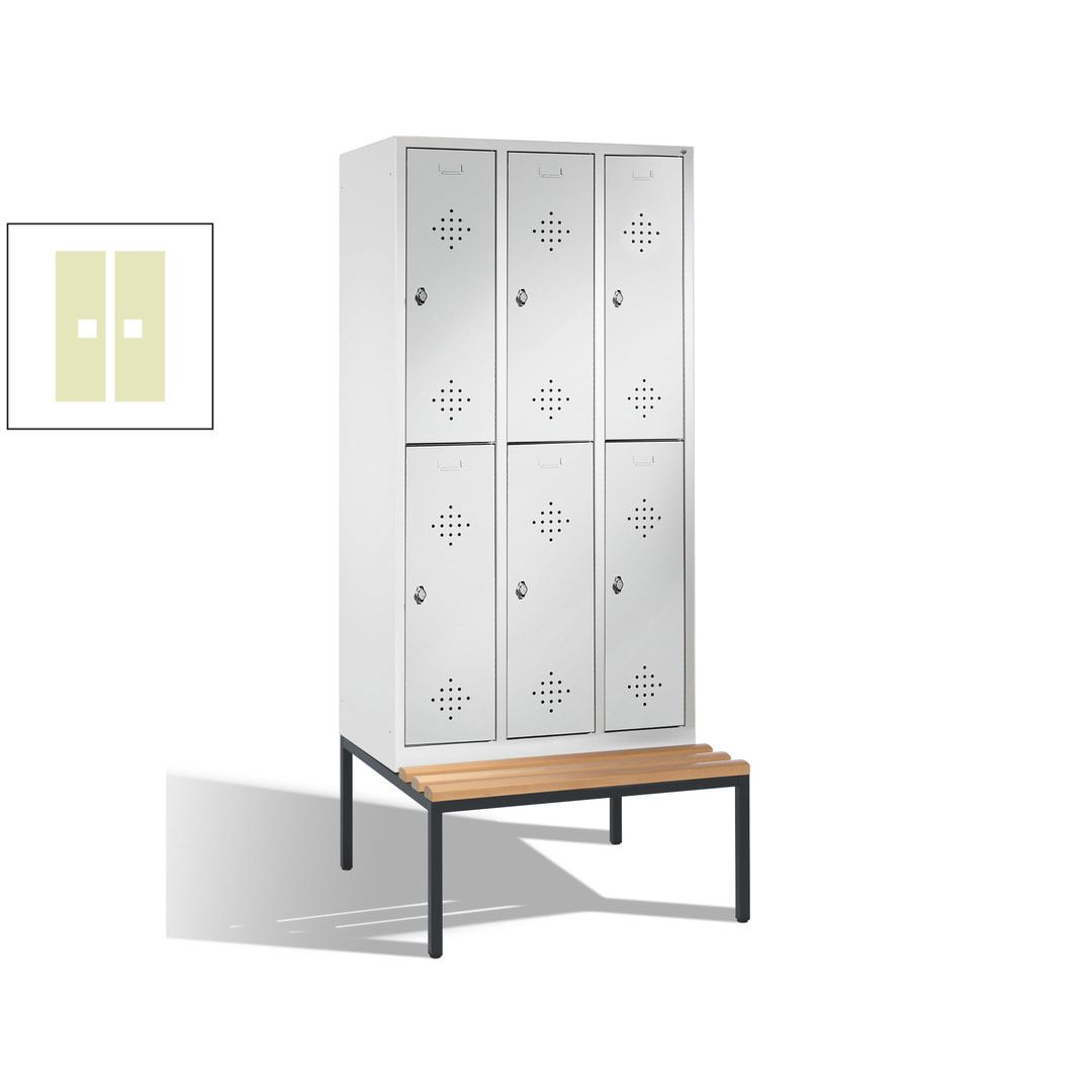 Garderobenschrank, Spind, 3 Abteile 6 Fächer, 2.090 x 1.200 x 815 mm (HxBxT), Hartholz Sitzbank untergebaut, Korpus anthrazitgrau, Türen anthrazitgrau