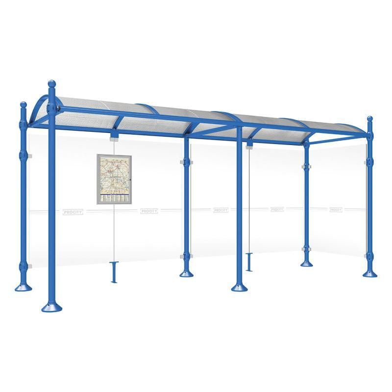 Buswartehalle, Unterstand, 2 Seitenwände, Kopf gebürsteter Edelstahl, ESG, Fahrplanschaukasten, 2.500 x 2.500 x 1.600 mm (HxBxT), Farbe enzianblau