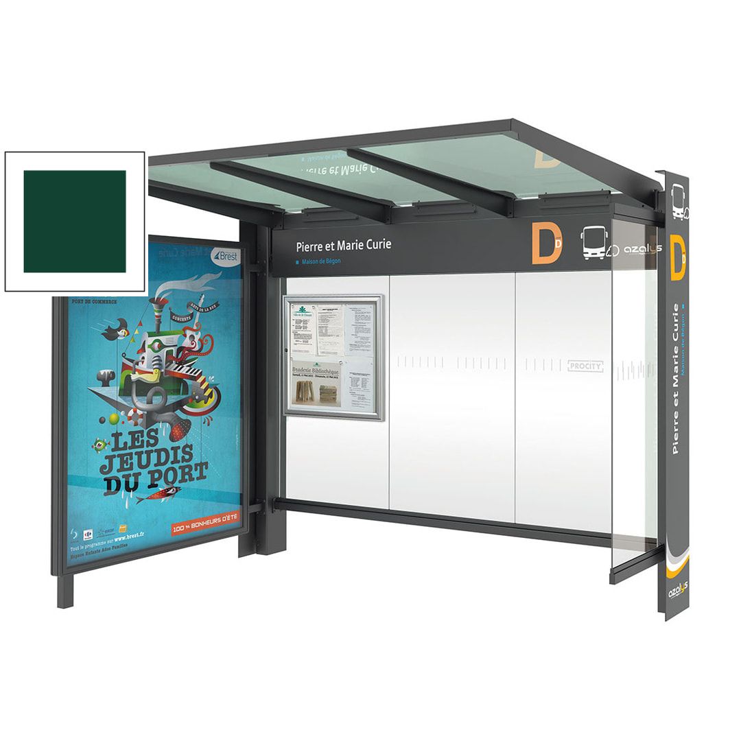 Buswartehalle, Haltestelle, Unterstand, Seitenverkeidung, Schaukasten, Infokasten, ESG, enzianblau (RAL 5010), 2.450 x 3.000 x 1.550 mm (HxBxT)