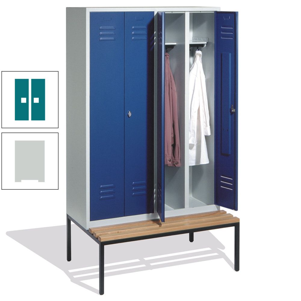 Doppel-Spindschrank, Buche Sitzbank untergebaut, 4 Abteile a 300 mm, Korpus lichtgrau, Tür anthrazitgrau, 2.090 x 1.190 x 815 mm (HxBxT)