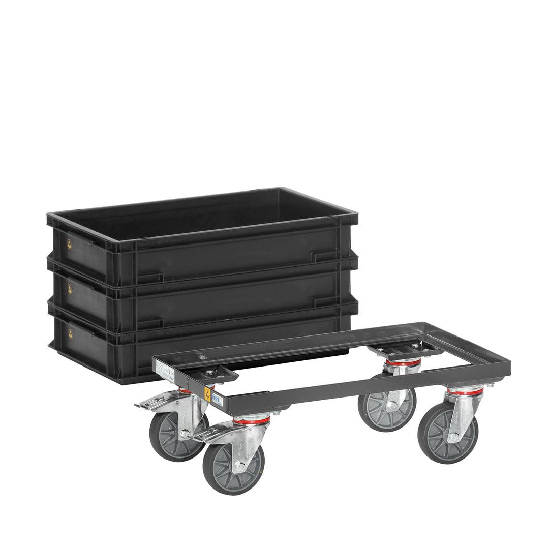 Fetra - ESD-Kistenroller für Eurokästen - Tragkraft 250 kg - Ladefläche 405 x 605 mm (BxT) - Bodenplatte mit Rand