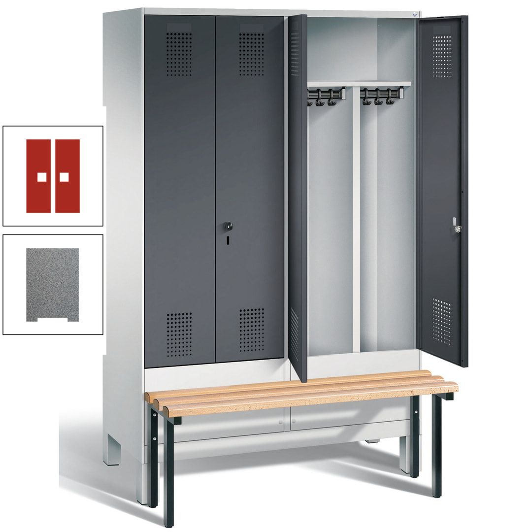 Doppel-Spind, Garderobenschrank, Buche Sitzbank vorgebaut, 4 Abteile a 300 mm, Korpus feuerrot, Tür Wasserblau, 1.850 x 1.200 x 815 mm (HxBxT)