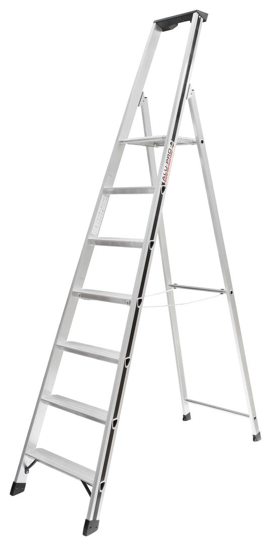 Aluminium Stufenstehleiter, Plattform, Rutschhemmung R11, Kunststoffablage, Eimerhaken, 1.390 x 415 mm (LxB), 3 Stufen, 4 kg, Stufentiefe 80 mm, Hymer