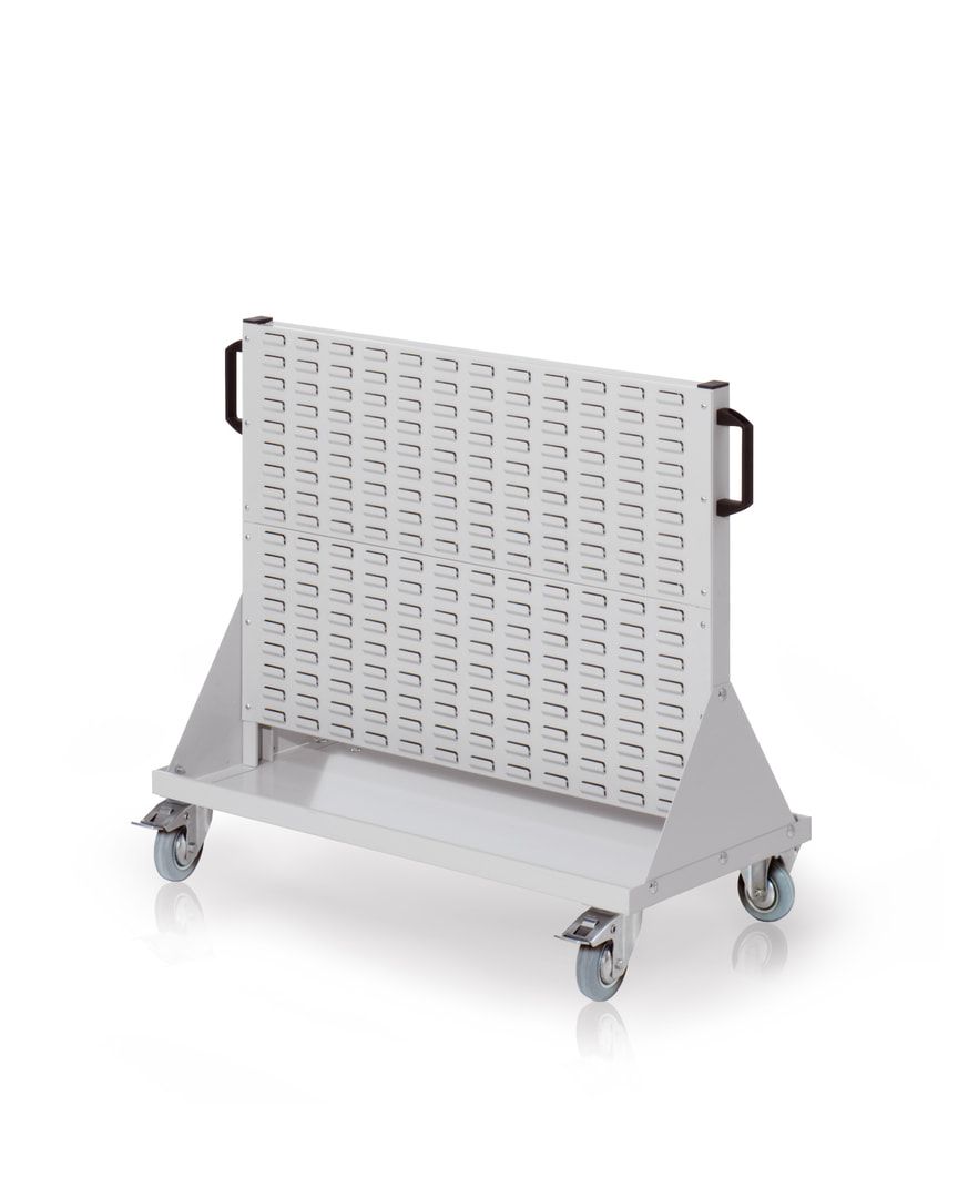 Mobile Stellwand - Schlitzwand für Sichtlagerkästen - beidseitig - mit 104 Kästen bestückt - 890 x 1.000 x 500 mm (HxBxT)