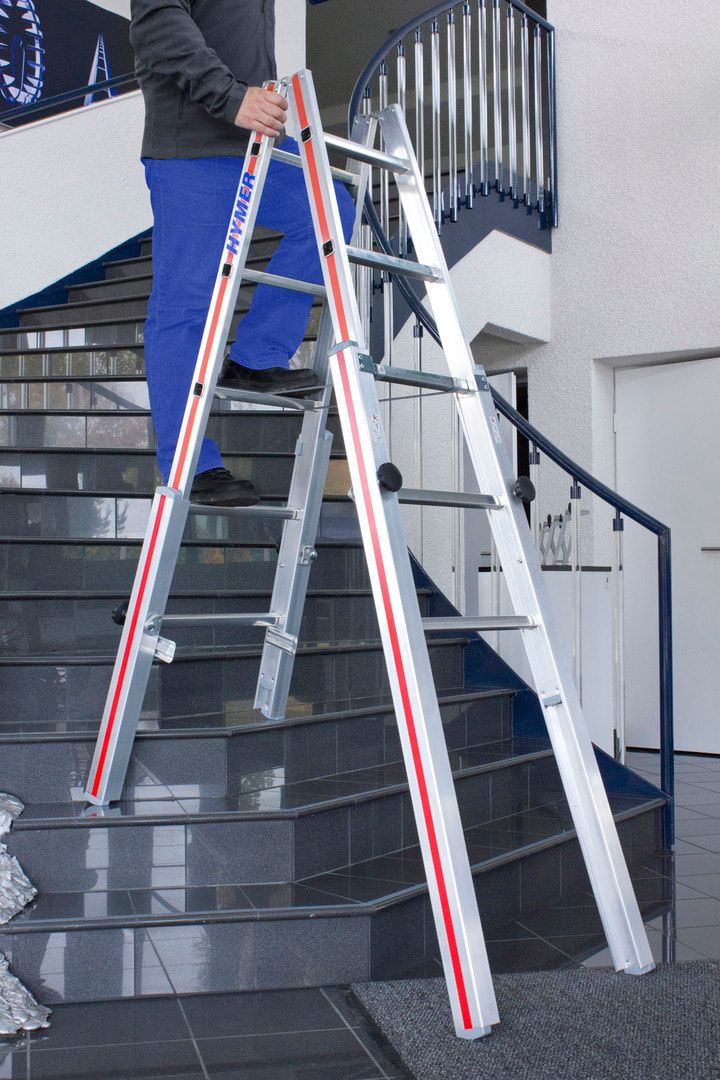 Aluminium-Treppenstehleiter - beidseitig begehbar - stufenlos verstellbare Fußverlängerungen - Länge 1.470 - Breite oben/unten 340/505 - Aluleiter