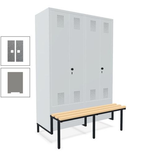 Doppel-Spind, Garderobenschrank, Buche Sitzbank integriert, 4 Abteile 300 mm, Korpus anthrazitgrau, Tür anthrazitgrau, 1.850 x 1.200 x 815 mm (HxBxT)