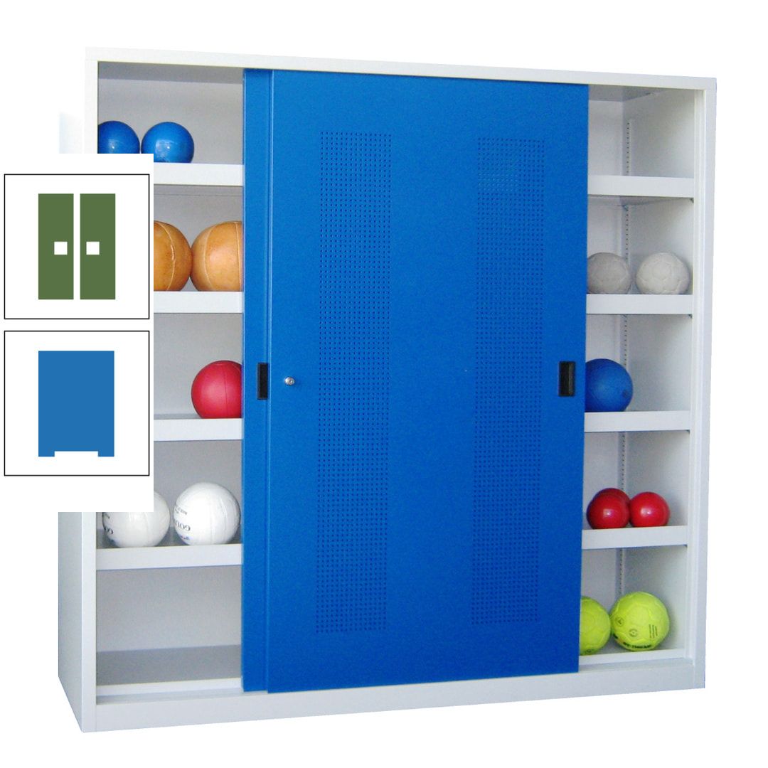 Ballschrank - Schiebetüren mit Lochfeld - Trennwand - 8 Böden - 1.950x2.000x600 mm (HxBxT) - anthrazitgrau
