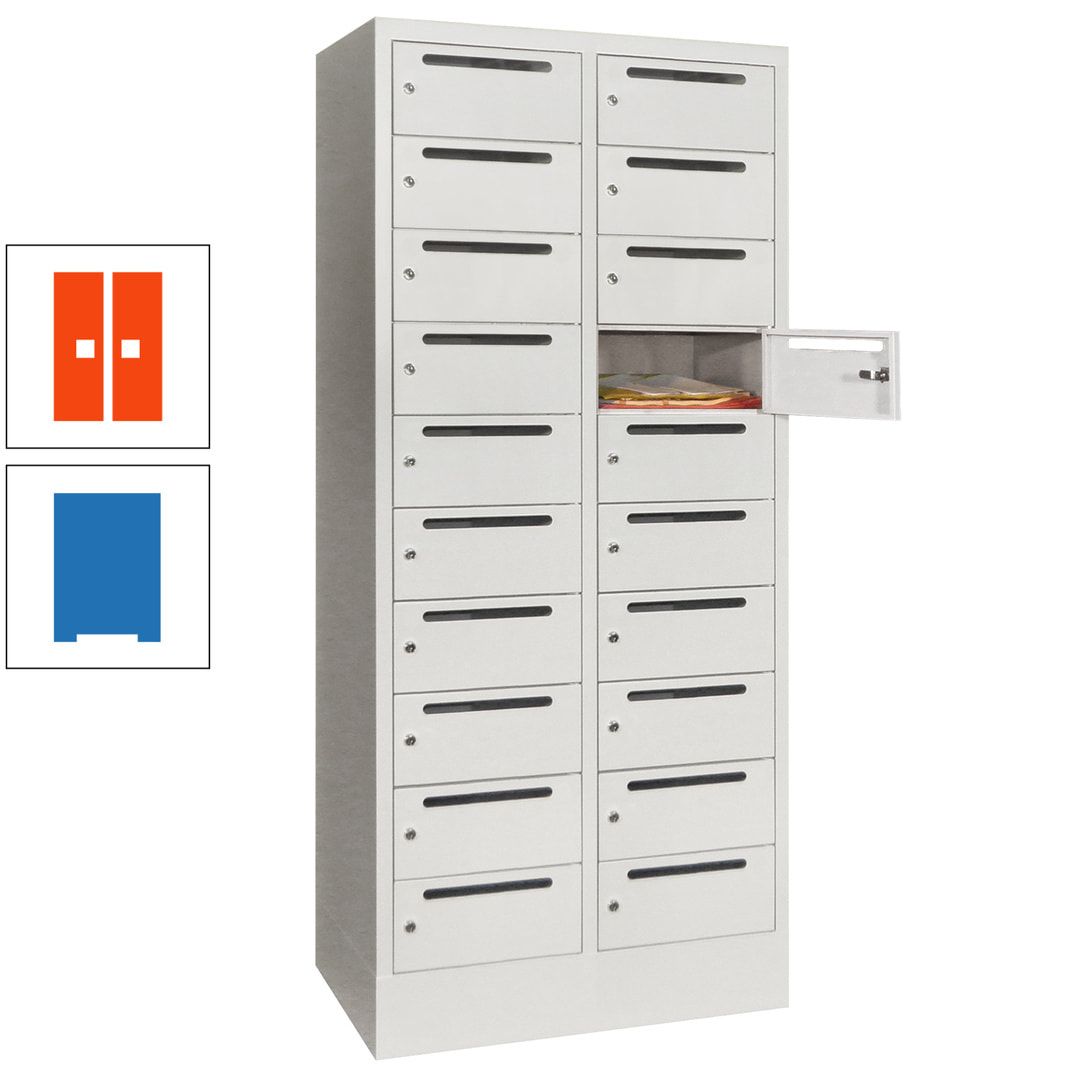 Postverteilerschrank, Schließfachschrank, 2 Abteile a 400 mm, 20 Fächer, 1.850 x 800 x 500 mm (HxBxT), Korpus anthrazitgrau, Front anthrazitgrau
