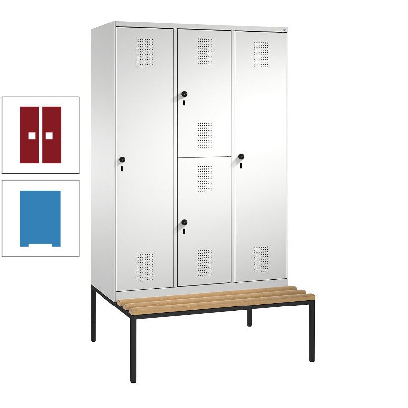 Garderobenschrank, Spind ein- und doppelstöckig Sitzbank, 3 Abteile, 4 Fächer, 2.090x1.200x500 mm (HxBxT), Front anthrazitgrau, Korpus anthrazitgrau