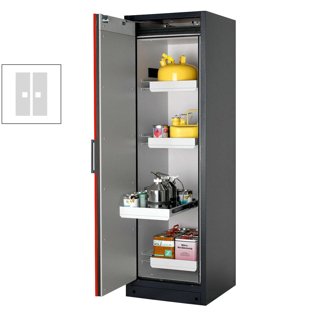 Gefahrstoffschrank - 2 x 0,6 x 0,6 m - 2 Auszugswannen - Edelstahl-Einrichtung - Türanschlag links - Front enzianblau