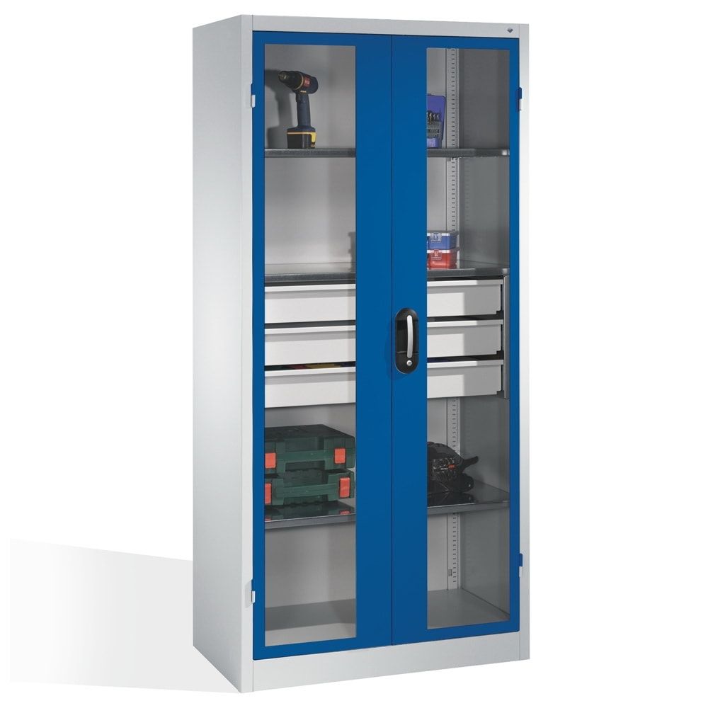 C+P Großraum Werkzeugschrank mit Sichtfenstertüren, 3 Fachböden, 3 Schubladen mittig, Farbe lichtgrau, 1.950 x 930 x 500 (HxBxT)
