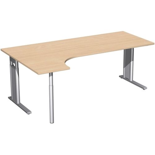 Eckschreibtisch, Ecke links, Füße einseitig verkürzt, C-Fuß Pro, höhenverstellbar, 680-820 x 1.600 x 1.200 mm (HxBxT), Dekor Ahorn