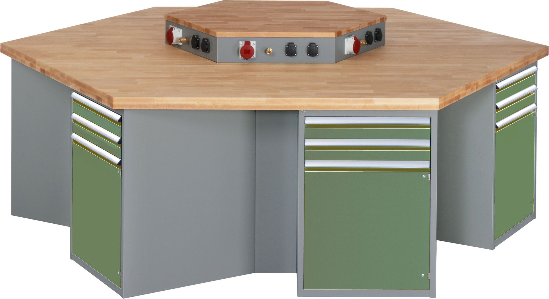 Gruppenwerkbank, Buche, Höhe 840 mm, mit Energieaufsatz, Unterbau-Container, 2 Schubladen, 1 Tür, 1 Boden - Anthrazitgrau