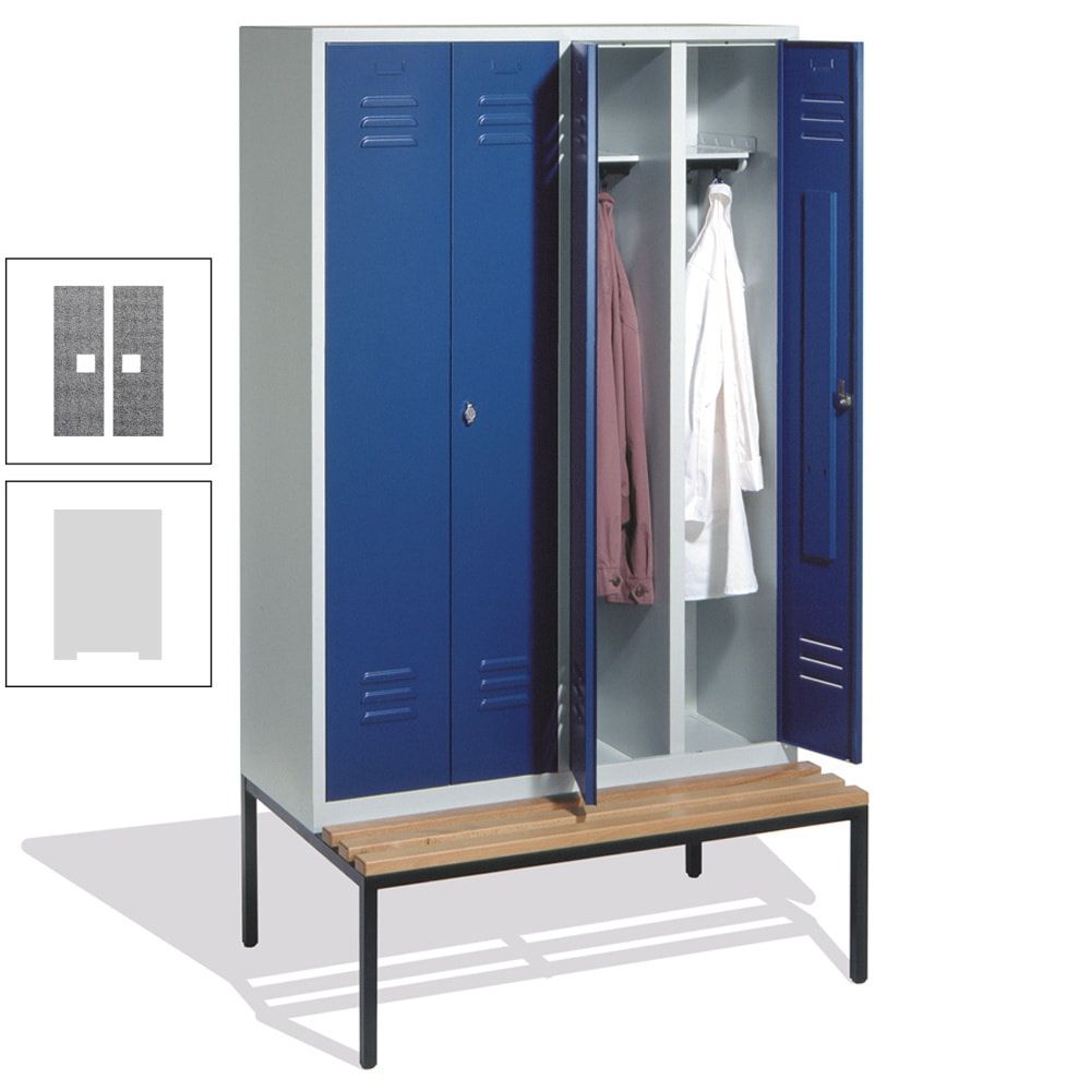 Doppel-Spindschrank, Buche Sitzbank untergebaut, 4 Abteile a 300 mm, Korpus lichtgrau, Tür anthrazitgrau, 2.090 x 1.190 x 815 mm (HxBxT)