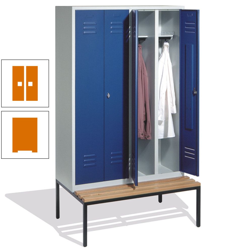 Doppel-Spindschrank, Buche Sitzbank untergebaut, 4 Abteile a 300 mm, Korpus lichtgrau, Tür anthrazitgrau, 2.090 x 1.190 x 815 mm (HxBxT)