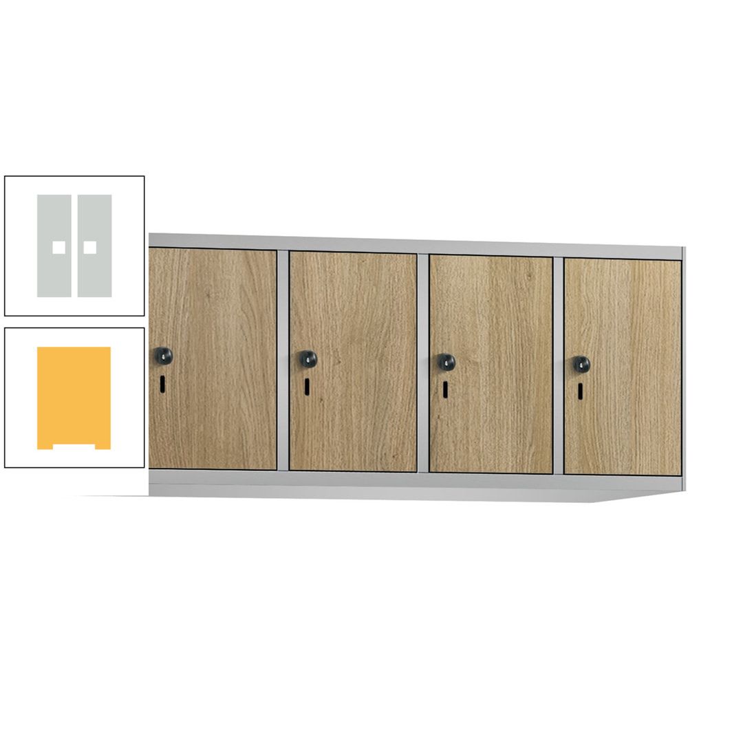 Aufsatzschrank, Schrankaufsatz, 4 Fächer a 300 mm, Farbe Pastellgelb, Tür anthrazitgrau, 500 x 1.200 x 500 mm (HxBxT)