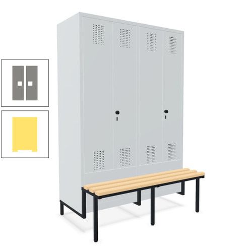 Doppel-Spind, Garderobenschrank, Buche Sitzbank integriert, 4 Abteile 300 mm, Korpus anthrazitgrau, Tür anthrazitgrau, 1.850 x 1.200 x 815 mm (HxBxT)