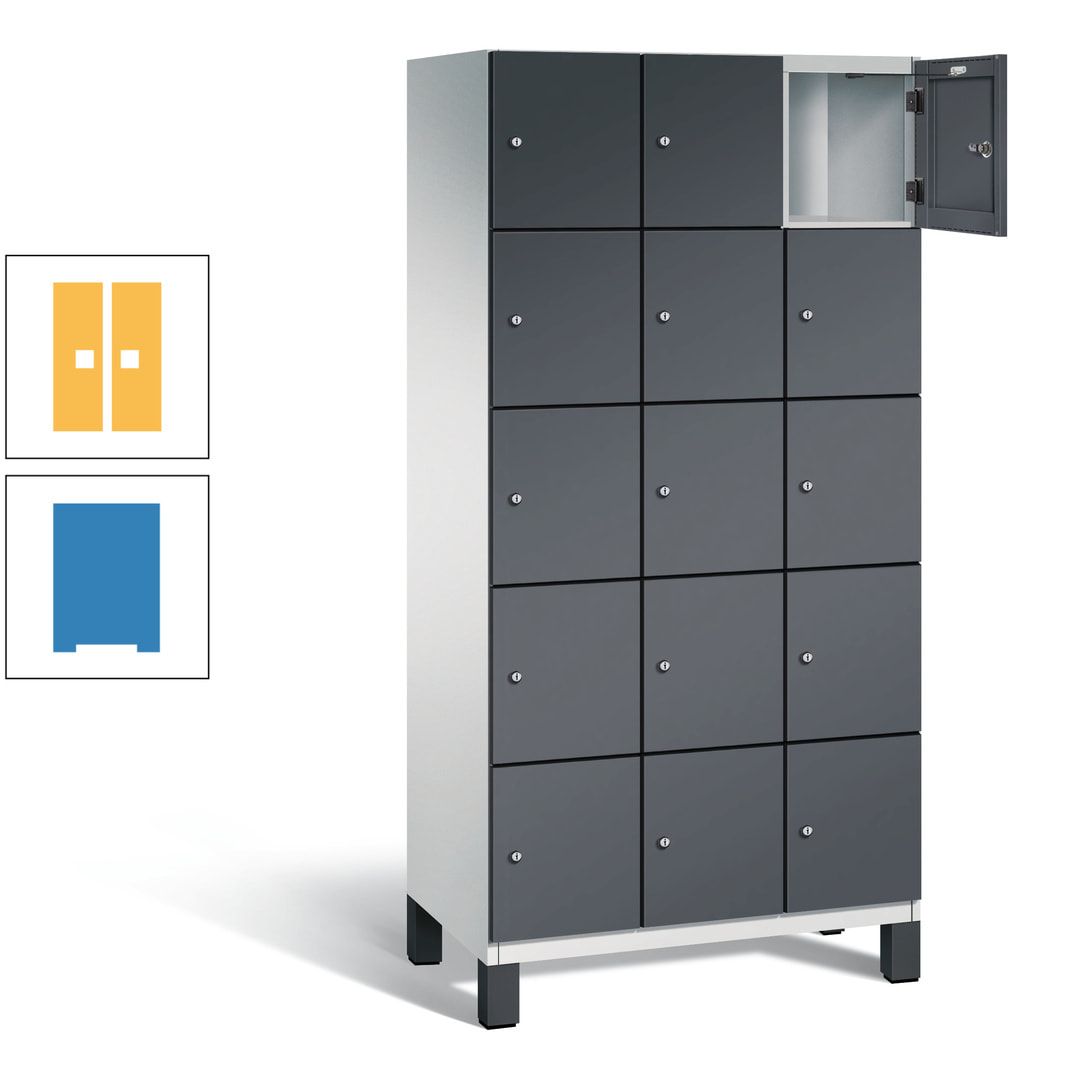 Fächerschrank, Stahlschrank, 15 Fächer, Türöffnungsbegrenzer, Füße, 1.980 x 900 x 525 mm (HxBxT), Korpus anthrazitgrau, Front anthrazitgrau
