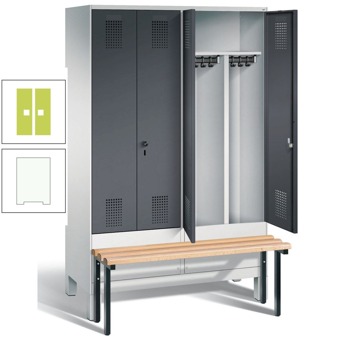 Doppel-Spind, Garderobenschrank, Buche Sitzbank vorgebaut, 4 Abteile a 300 mm, Korpus feuerrot, Tür Wasserblau, 1.850 x 1.200 x 815 mm (HxBxT)