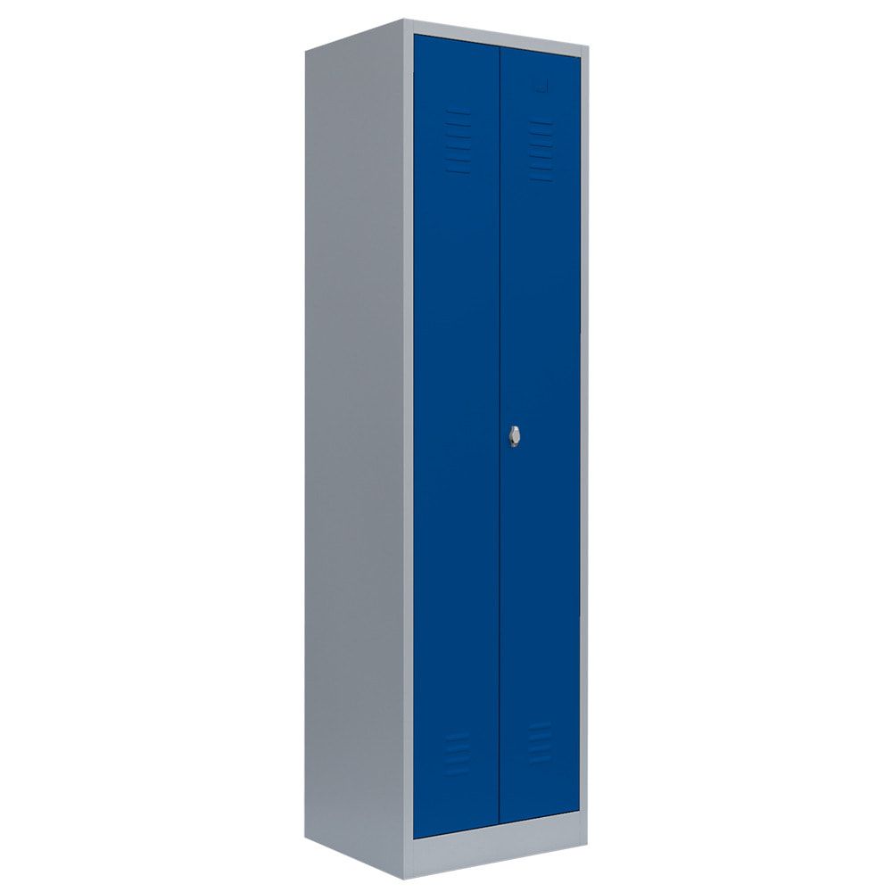 Geräteschrank, Mehrzweckschrank, 2 Abteile, 1.800 x 600 x 500 mm (HxBxT), Drehriegel, Kleiderstange, Stahl, Korpus: lichtgrau, Front: enzianblau