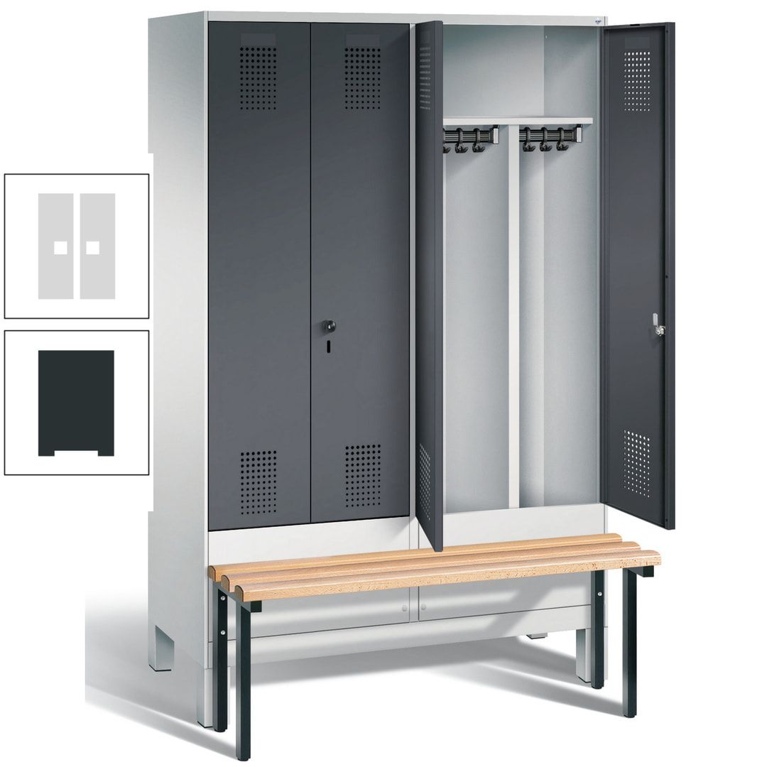 Doppel-Spind, Garderobenschrank, Buche Sitzbank vorgebaut, 4 Abteile a 300 mm, Korpus feuerrot, Tür Wasserblau, 1.850 x 1.200 x 815 mm (HxBxT)