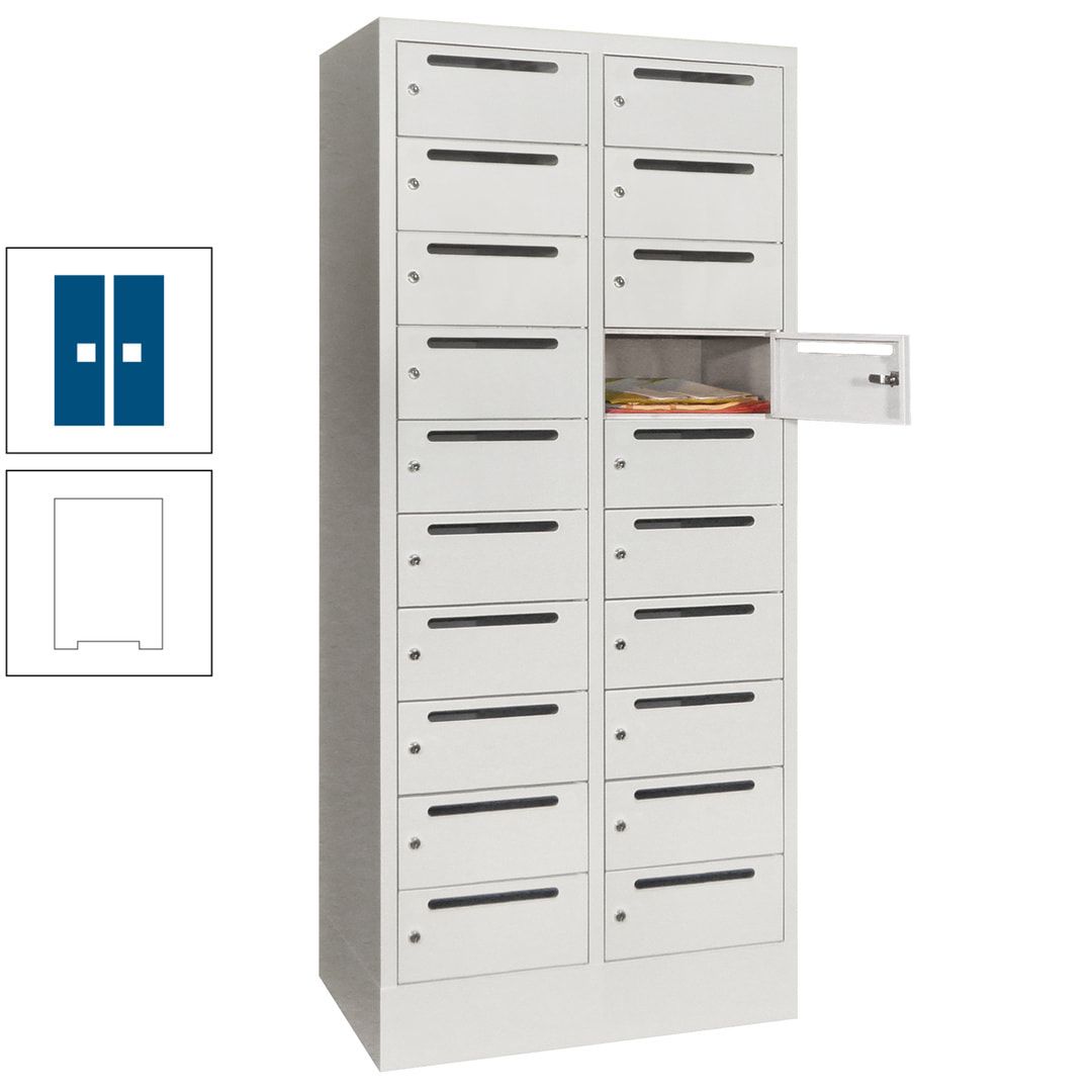 Postverteilerschrank, Schließfachschrank, 2 Abteile a 400 mm, 20 Fächer, 1.850 x 800 x 500 mm (HxBxT), Korpus anthrazitgrau, Front anthrazitgrau