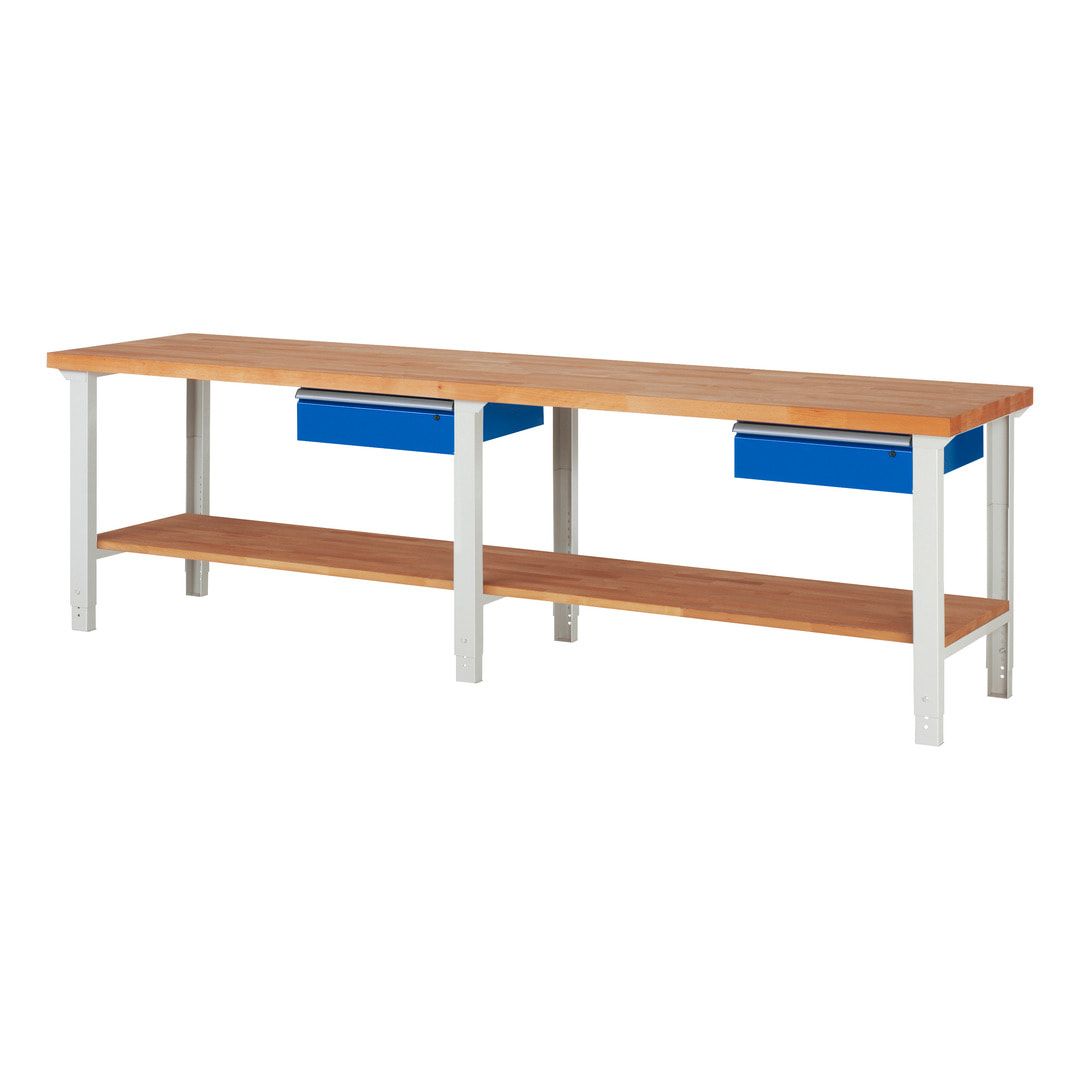 Werkbank mit Ablage - 2 Schubladen - 150:2 - höhenverstellbar 790 - 1.140 mm - 3.000 x 700 mm (BxT) - 750 kg - Buche - Anthrazitgrau