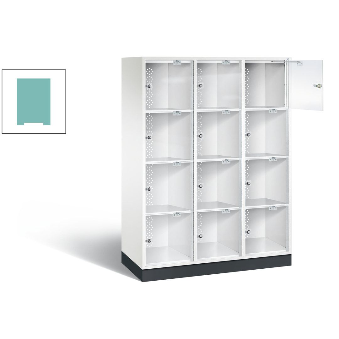 Schließfachschrank, Fächerschrank mit Türen aus Acrylglas, 3 Abteile, 12 Fächer, Zylinderschloss, 1.750 x 1.220 x 500 mm (HxBxT), Korpus anthrazitgrau