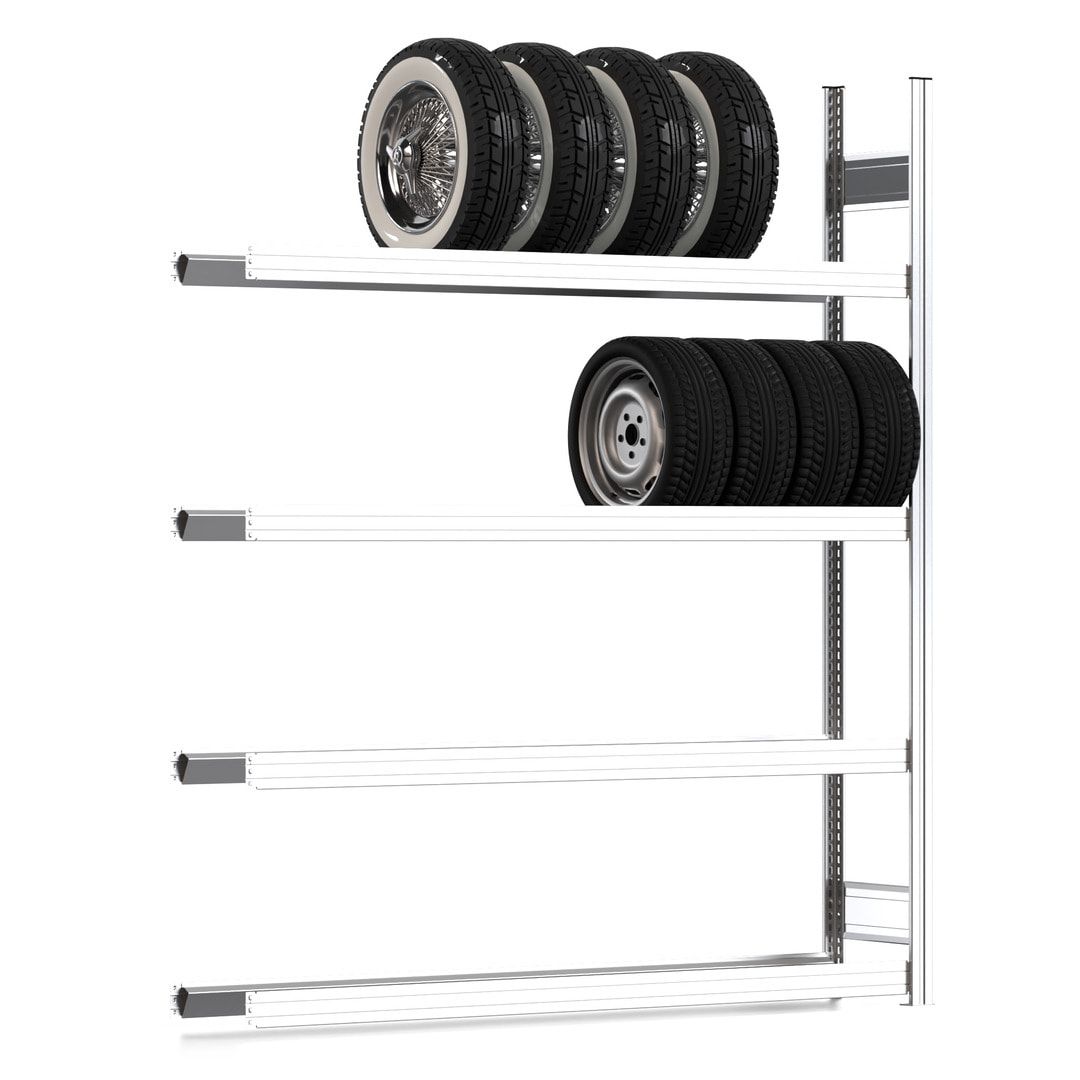 Felgenregal mit Tiefenriegel - 250 kg - 2.000 x 1.695 x 300 mm (HxBxT) - 4 Ebenen - Anbauregal - Steckregal BERT