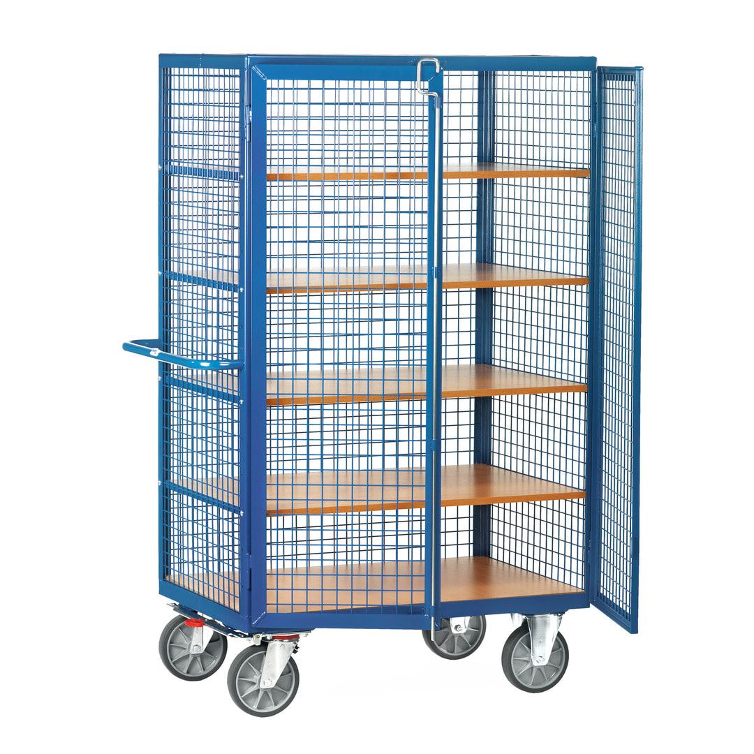 Fetra - Etagen-Kastenwagen - Tragkraft 750 kg - 680 x 1.000 mm (BxT) - Drahtgitter - 2 Türen - Stangenverschluss - brillantblau