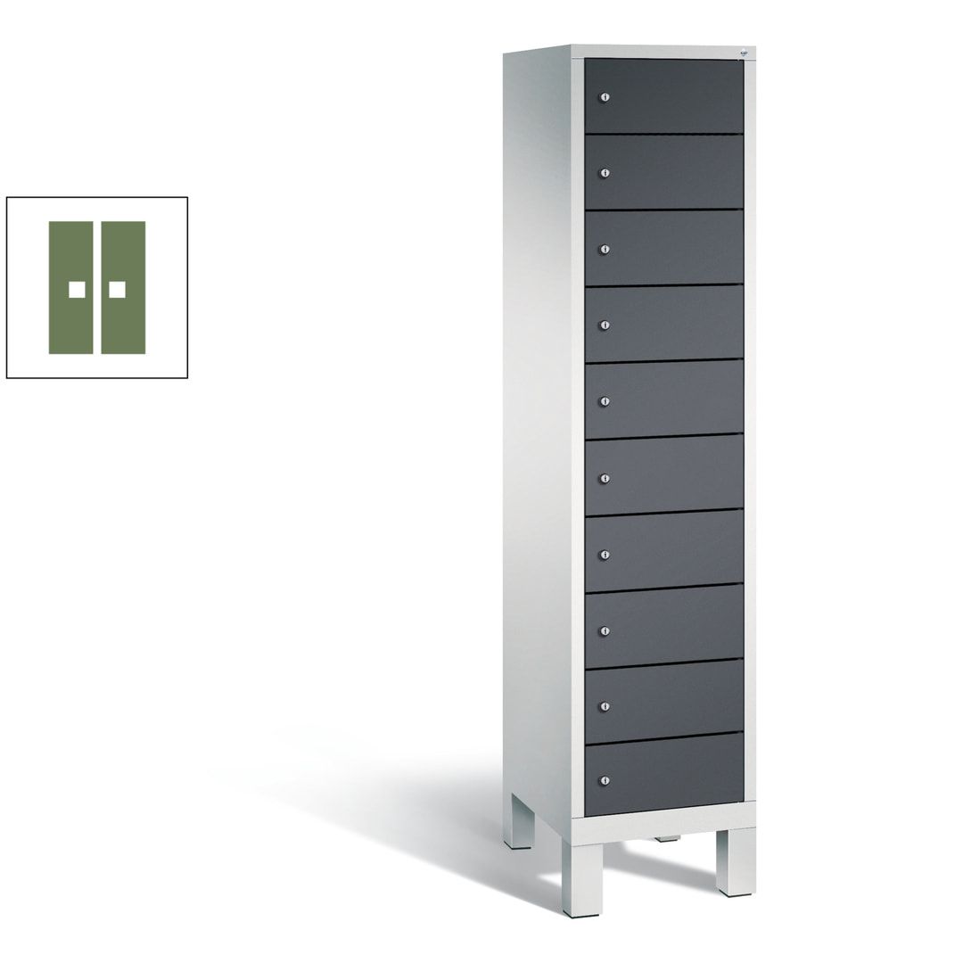 Laptopschrank, Tabletschrank, Computerschrank auf Füßen, 10 Fächer, 1.850 x 420 x 500 mm (HxBxT), Korpus gelborange, Tür anthrazitgrau