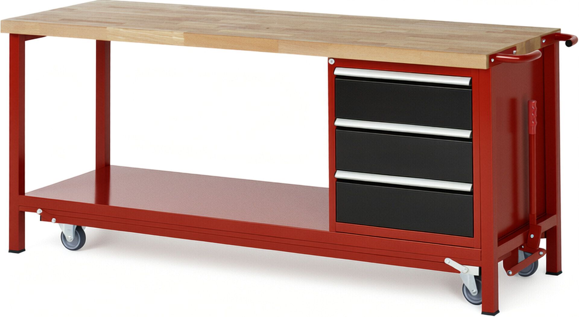 Mobile absenkbare Werkbank mit 3 Schubladen - Teilauszug - 180:3 - 880 x 2.000 x 700 mm (HxBxT) - 1,25 t - Buche - Anthrazitgrau