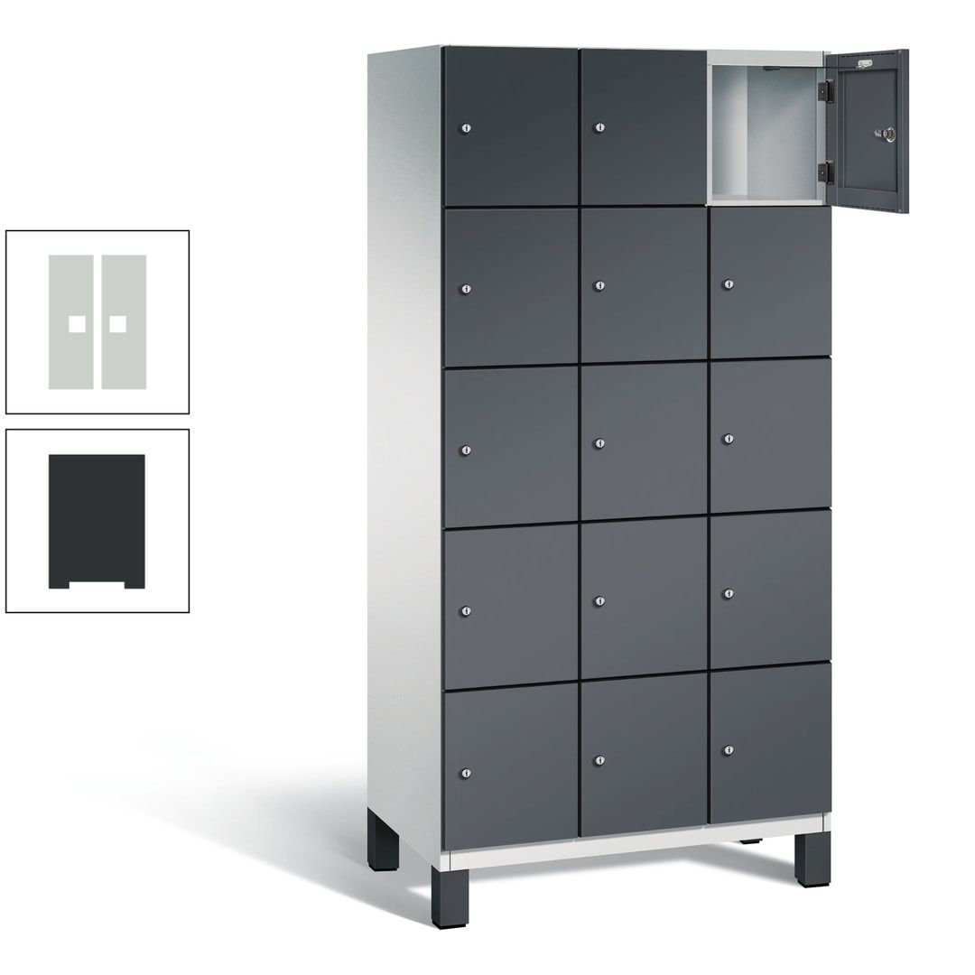 Fächerschrank, Stahlschrank, 15 Fächer, Türöffnungsbegrenzer, Füße, 1.980 x 900 x 525 mm (HxBxT), Korpus anthrazitgrau, Front anthrazitgrau