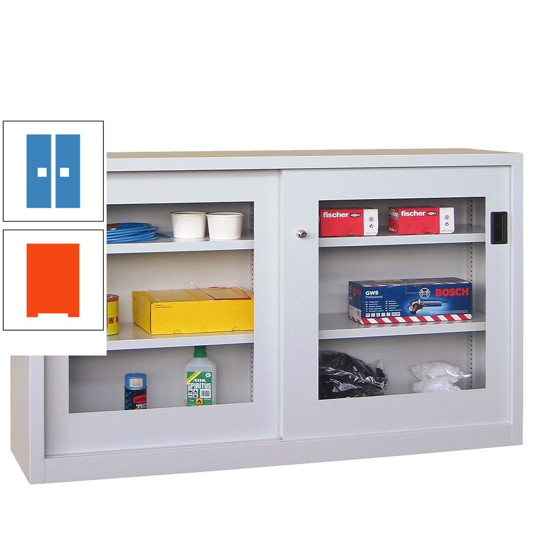 Schiebetürenschrank - Sichtfenstertüren - 1.000x1.500x600 mm (HxBxT) - 4 Böden, verzinkt - Zylinderschloss - anthrazitgrau