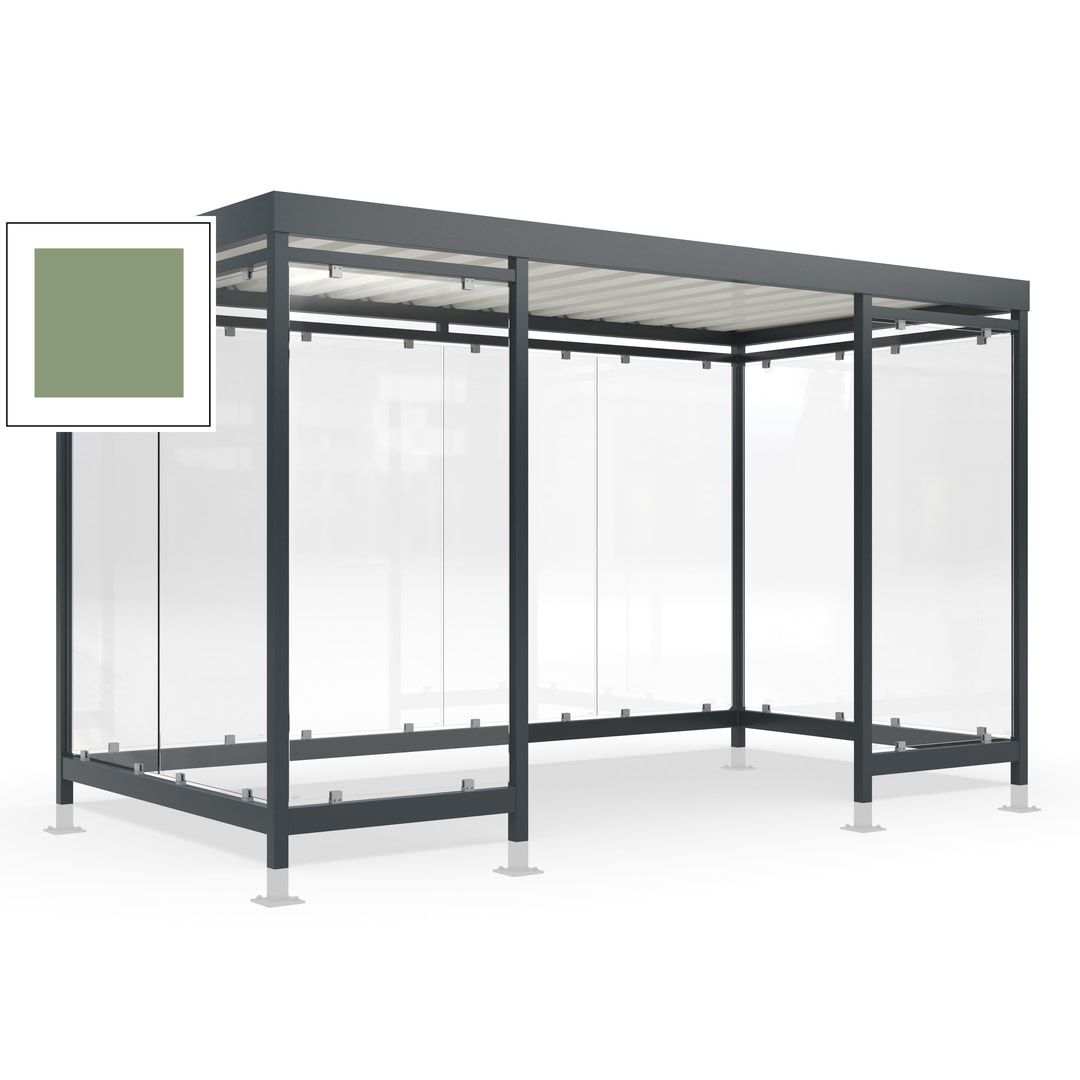 Raucherunterstand für 12-13 Personen, Bushaltestelle, mit Überpflasterung, 2.440 x 4.195 x 2.165 mm (HxBxT), 10 Wände, Achatgrau